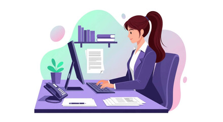 Professional woman diligently working at her computer in an office setting. Represents productivity, business tasks, and remote work. Ideal for corporate and educational themes.