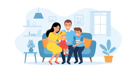 Smiling family of four, including parents and two children, happily relaxing on a comfortable sofa at home. Represents family life, bonding, and togetherness.