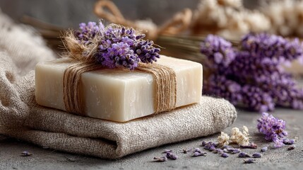Handcrafted soap bar and lavender buds resting on a folded linen towel