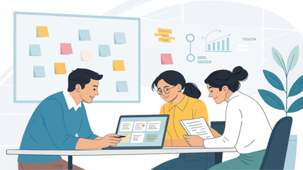 Diverse team collaborating in a modern office, using technology and a whiteboard for brainstorming and strategy. Ideal for business, teamwork, and innovation concepts.