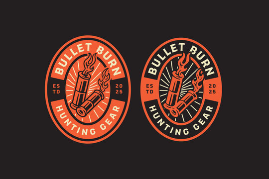 Flaming bullets retro badge logo design set for hunting sport. Ammunition with burn fire vintage emblem label element designs collections. Ammo, Shooter, Supply, Hunter, Tactical. Vector Illustration