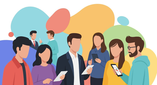 Diverse group of illustrated people engaging with digital devices, representing modern communication, business networking, and technology integration. Ideal for collaboration concepts.
