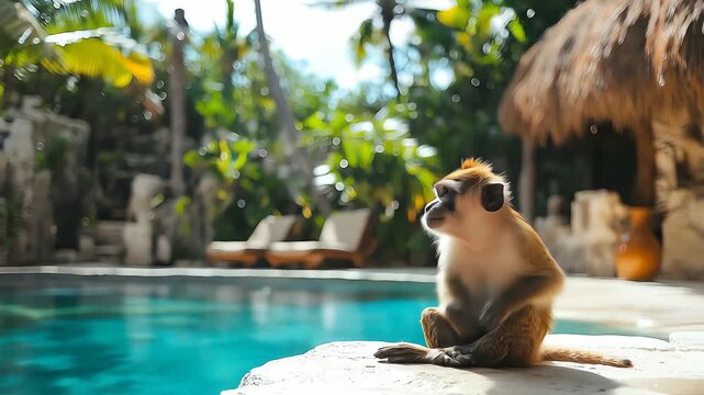 A monkey sits by a pool in a tropical resort