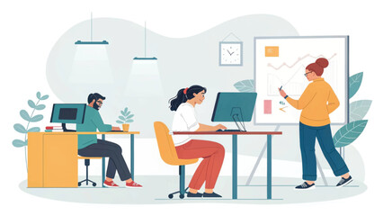 Diverse team collaborating in a modern office, analyzing data and strategic planning. Ideal for corporate, teamwork, and productivity concepts.