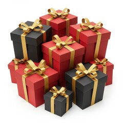 Obraz premium Red and black Christmas gift boxes with golden ribbons, festive holiday presents for seasonal greeting cards, shopping promotions, packaging mockups, winter celebration ads, or digital design use