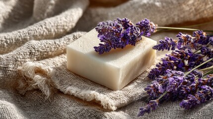 Handcrafted soap bar and lavender buds resting on a folded linen towel