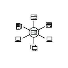 Modern network diagram illustrating interconnected computer systems and central server hub, perfect for tech presentations and IT infrastructure visuals.
