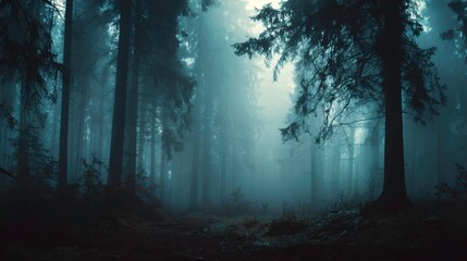Mysterious Foggy Forest Landscape with Tall Trees and Ethereal Atmosphere at Dawn