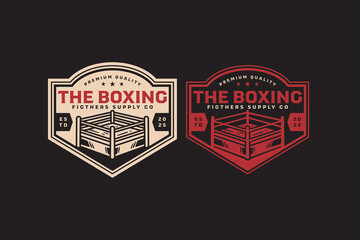 Boxing ring retro badge logo design set for fighting sport. Boxing arena vintage emblem label element designs collections. Boxer, Fighter, Martial arts, Arena, Tournament. Vector Illustration © salzcreative