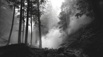 Obraz premium Misty Forest Scene with Trees Shrouded in Fog and Shadows in Black and White Photography
