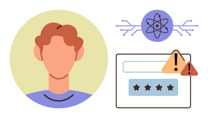 User profile paired with a password input form, atomic tech, and warning alerts. Ideal for cybersecurity, authentication, risk, protection, technology, digital identity simple flat metaphor