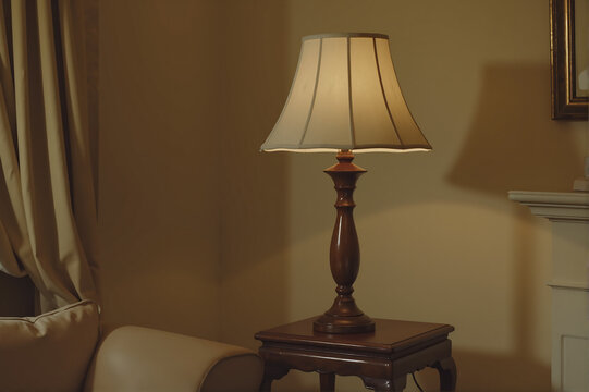 lamp on the table, Classic wooden lamp with a carved stand and cream-colored shade, set in a vintage living room interior