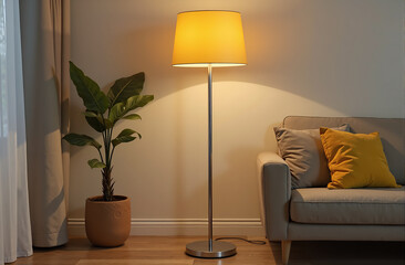 living room interior with lamp, A modern floor lamp with a slim silver metal stand and a yellow fabric shade, placed in a cozy living room with wooden flooring and a sofa
