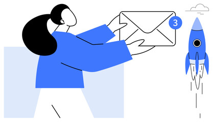 Woman holding a large envelope with notification icon while a rocket takes off. Ideal for communication, email marketing, productivity, creativity, innovation, business growth, and teamwork concepts