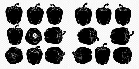 A collection of black bell pepper silhouettes shown from various angles on a transparent background.