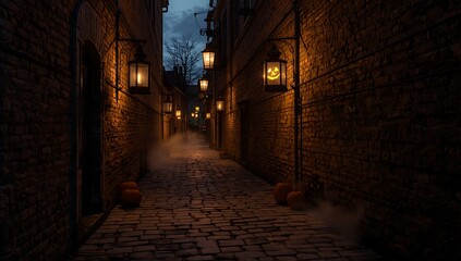 Halloween , halloween background a spooky halloween alley with pumpkins and glowing lanterns halloween , halloween background 