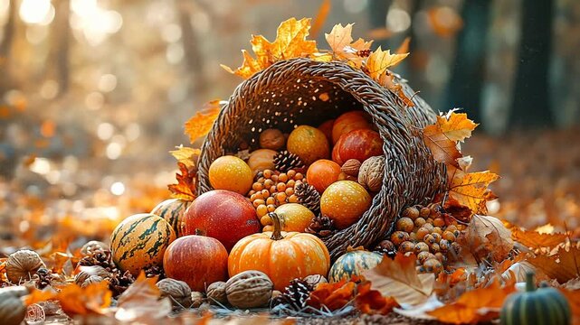 A cornucopia overflowing with autumnal fruits, vegetables, and nuts, set against a backdrop of fall leaves.