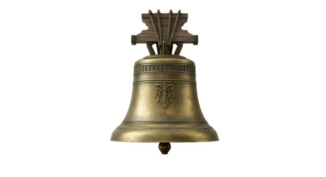 Church bell, realistic render, white background, religious architecture, minimalistic style.