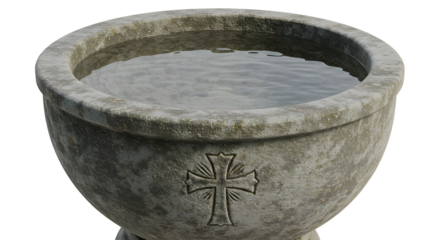 Holy water font, realistic close-up, white background, religious symbol, high resolution.
