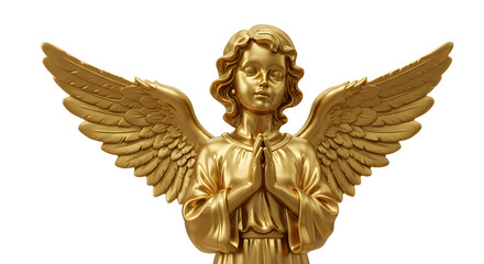 Golden angel figurine, realistic 3D render, isolated on white background, spiritual decoration, high detail.