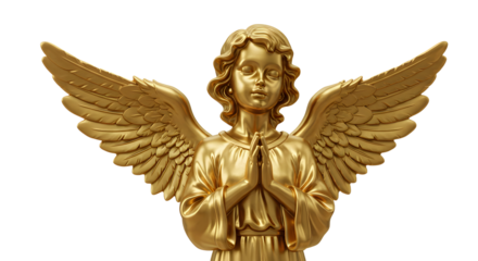 Golden angel figurine, realistic 3D render, isolated on white background, spiritual decoration, high detail.