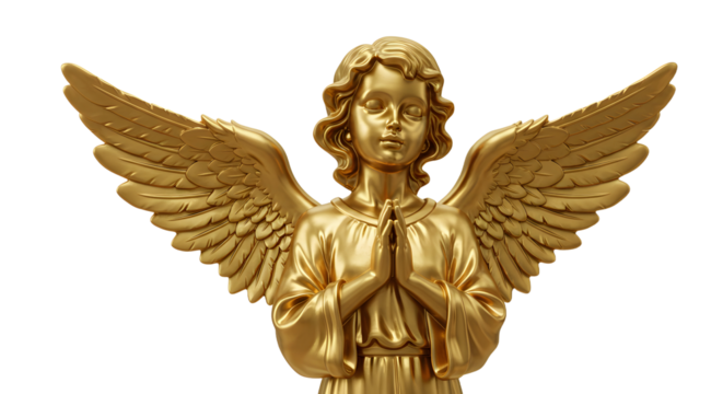 Golden angel figurine, realistic 3D render, isolated on white background, spiritual decoration, high detail. - Powered by Adobe
