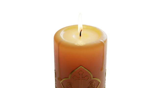 Church candle burning, realistic lighting, white background, spiritual atmosphere, isolated, religious iconography, high resolution.