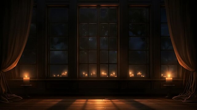Candles glow on a windowsill in front of a large mullioned window at night
