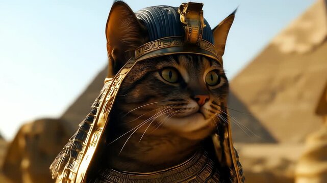 Cat in Egyptian headdress before pyramids and Sphinx