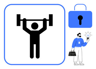 Person lifting weights, blue lock symbol, professional holding idea bulb in formal attire, briefcase. Ideal for business strategy, innovation, growth, efficiency, motivation problem-solving