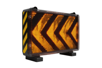 Orange warning sign with black arrows