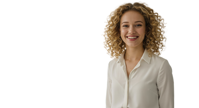 Portrait of a smiling woman with curly hair and white shirt