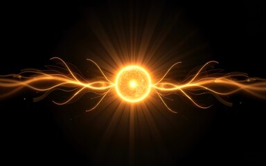 Abstract golden energy design with a central glowing sphere and radiating lines on a black background, concept. High quality