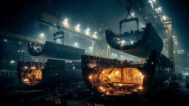 Nighttime illumination of the megablock assembly hall with glowing steel sections and active cranes continuing aroundtheclock shipbuilding work.