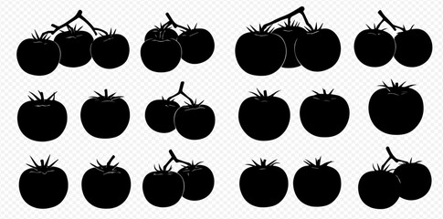 A collection of black tomato silhouettes, featuring individual fruits and clusters on the vine against a transparent background.