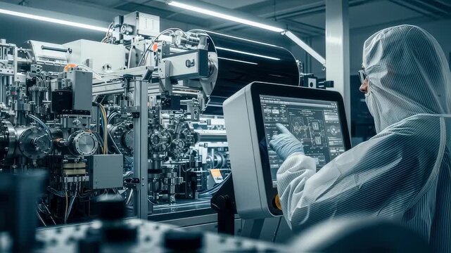 Technician adjusting parameters on control panel for rolltoroll CVD graphene generator within stateoftheart nanomaterial fabrication lab.
