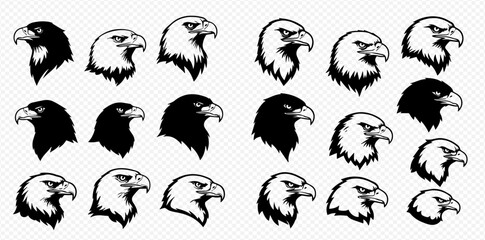 A collection of black and white eagle head illustrations, featuring various profile views in silhouette and detailed line art styles for logos or mascots.