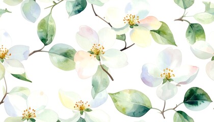 Delicate floral pattern of white blossoms and leaves.