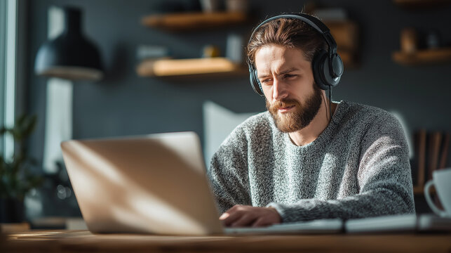 remote work setup, young man with headphones focused on laptop, cozy home office