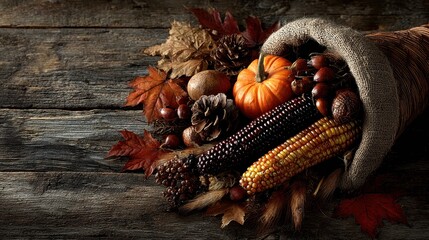 Cornucopia filled with pumpkins, corn, and pinecones rests on burlap, autumn harvest still life decoration