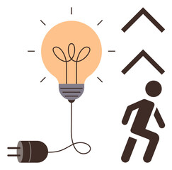 Plugged lightbulb represents ideas and energy. Person climbing stairs with upward arrows signifies growth, progress, effort, and success. Ideal for innovation, motivation, career, solutions personal