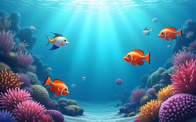 Fototapeta premium illustration of underwater sea colorful tropical fish in the coral reef, Generative AI. High quality