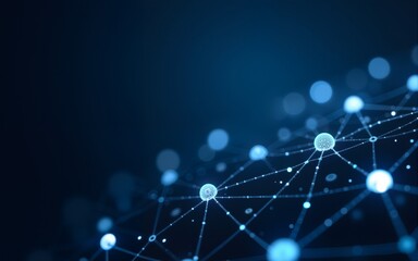 Network of interconnected nodes and lines on a dark blue background with glowing blue circles and white dots. High quality