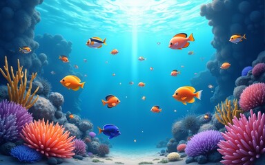 Fototapeta premium illustration of underwater sea colorful tropical fish in the coral reef, Generative AI. High quality