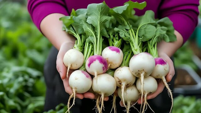 Freshly harvested turnips with leafy green tops held in hands