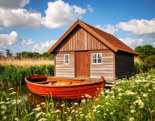 Rustic wooden boathouse by a canal (1)