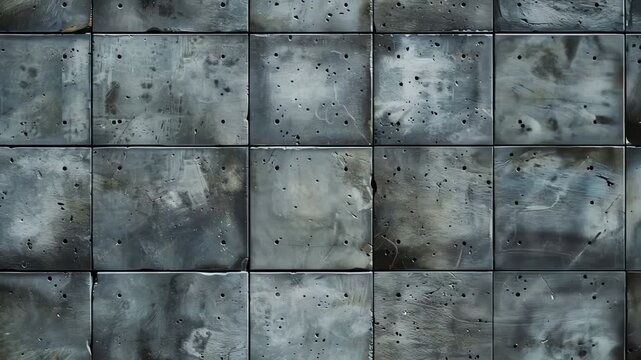 Gray tiled surface with small holes and scuff marks