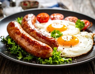 Fried eggs, sausage, and tomatoes