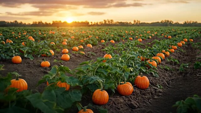 Pumpkins growing in a field during sunset, ready for harvest.