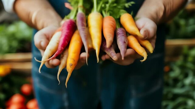 Hands holding a bunch of colorful heirloom carrots